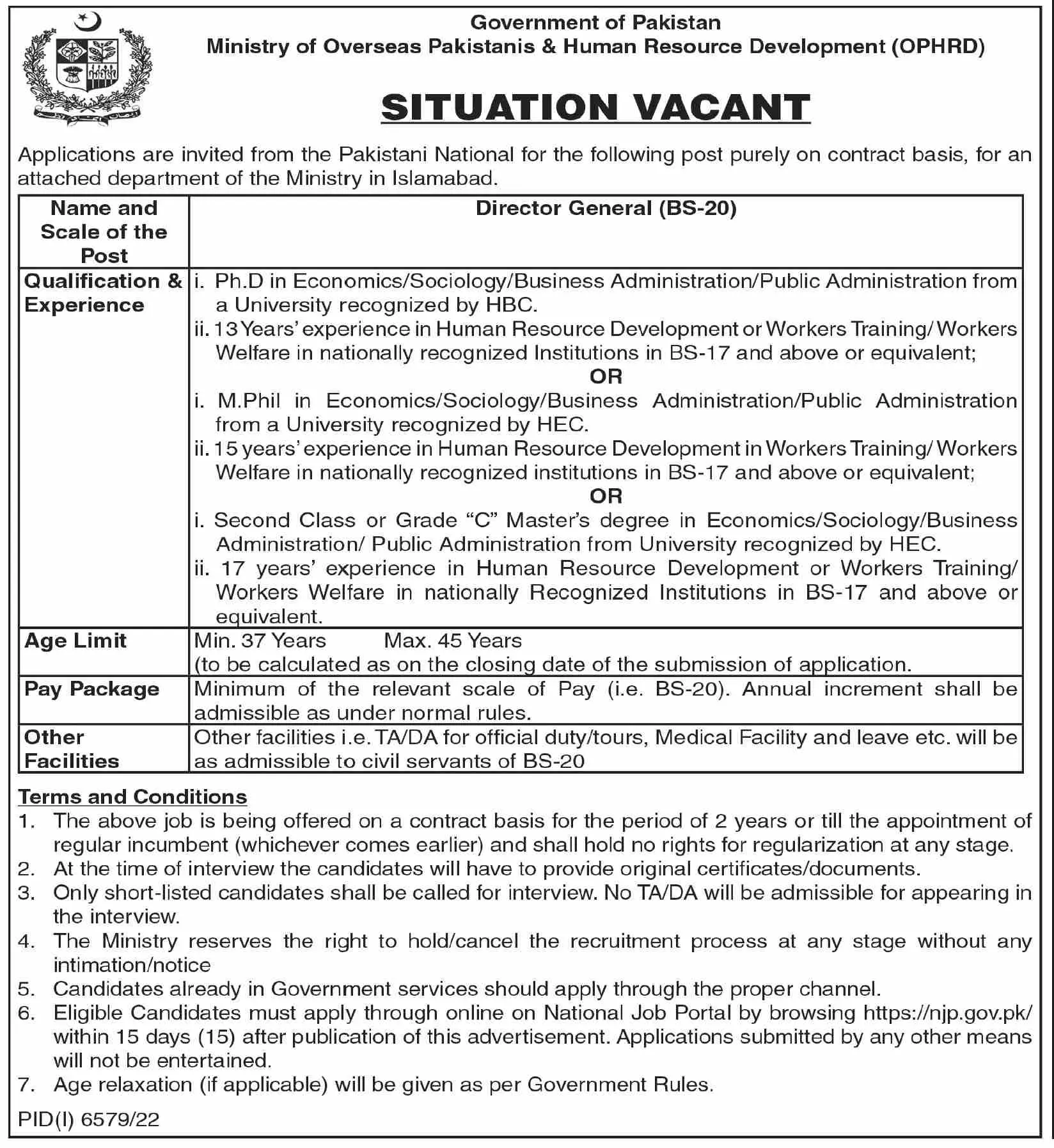 Ministry Of Overseas Pakistanis And HRD Jobs 2023 – Federal Government Organization Jobs 2023 — original advertisement