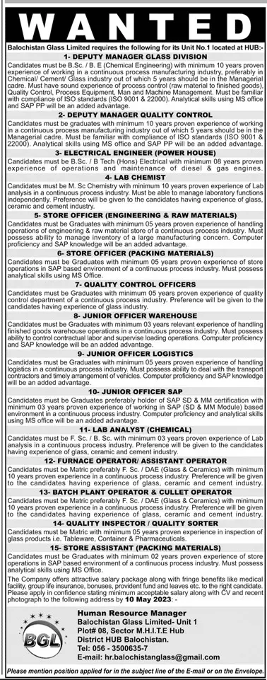 Balochistan GAS Limited Jobs 2023 – Balochistan Glass Limited Jobs 2023 — original advertisement