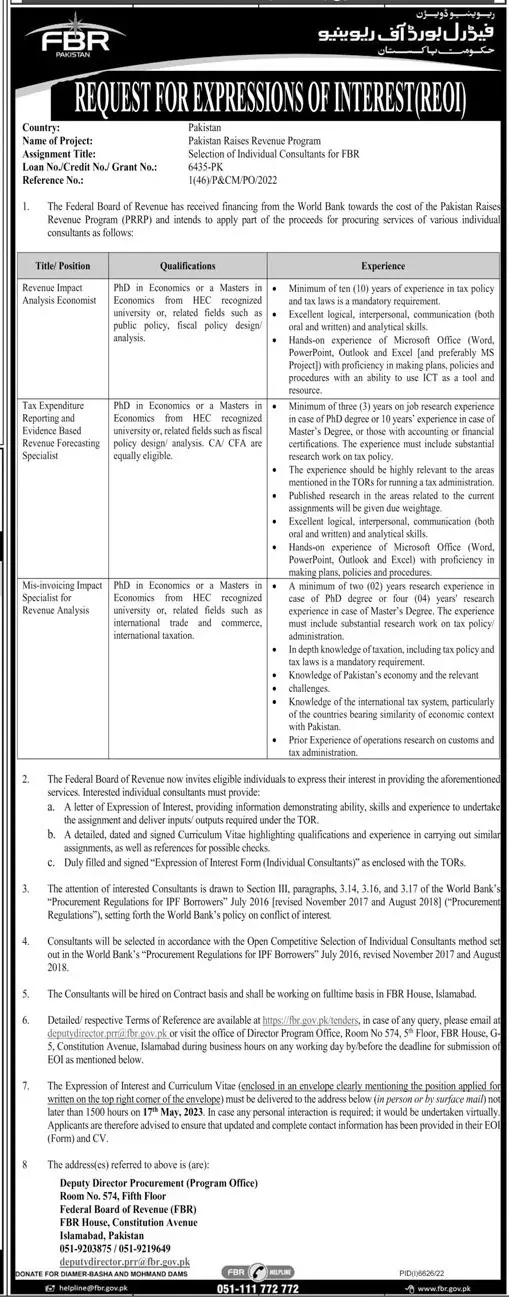Federal Board of Revenue Islamabad Jobs 2023 Jobs 2023 — original advertisement