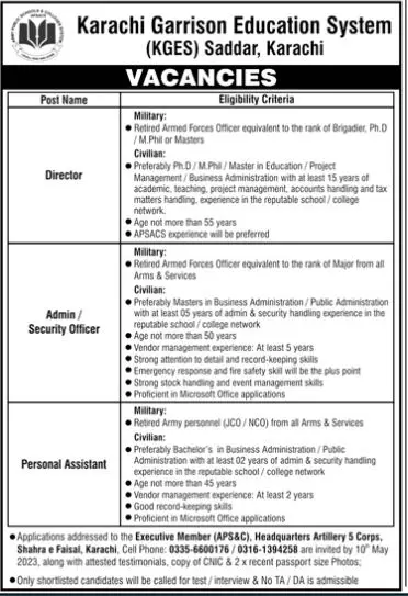 karachi Garrison Education System Karachi jobs 2023 – Federal Govt Educational Institutes Cantts and Garrisons Jobs 2023 — original advertisement