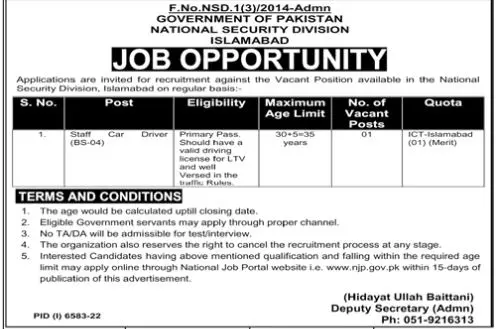 National Security Division Islamabad Jobs 2023 Jobs 2023 — original advertisement