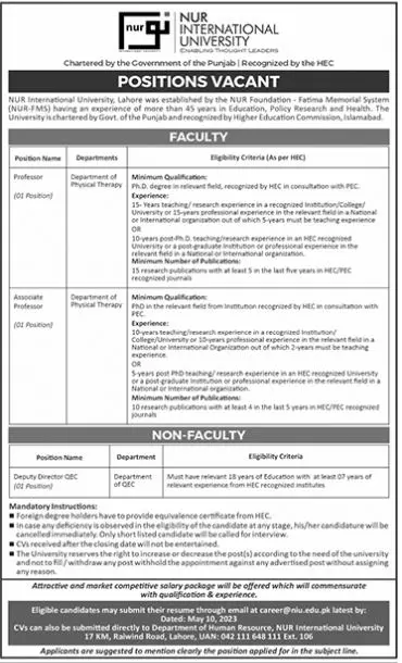 Nur International University Rawalpindi Jobs 2023 Jobs 2023 — original advertisement