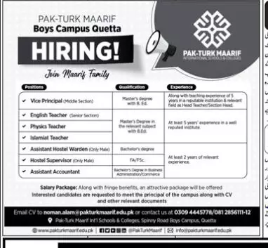 Pak Turk Maarif boys Campus Quetta Jobs 2023 – Pak Turk Maarif Quetta Boys Campus Jobs 2023 — original advertisement