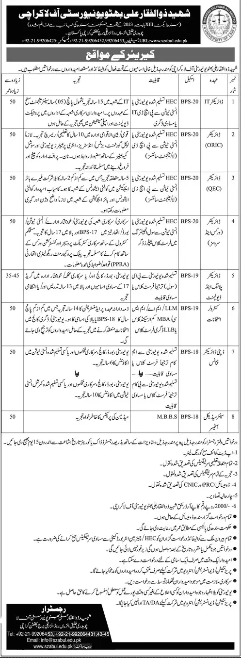 Shaheed Zulfiqar Ali bhutto University of Law Karachi Jobs Jobs 2023 — original advertisement