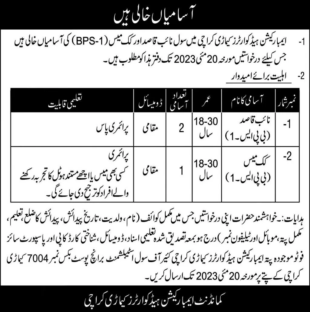 Embarkation Headquarter Karachi Jobs 2023 – Pakistan Army Jobs 2023 — original advertisement
