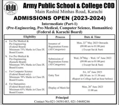 Army Public School College COD Admissions 2023 – Army Public School & College Paksitan Admissions 2023 — original advertisement