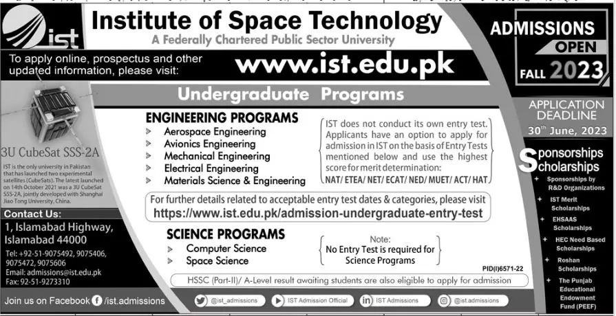 Institute of Space Technology Islamabad Admissions 2023 – Institute of Space Technology ITS Islamabad Admissions 2023 — original advertisement