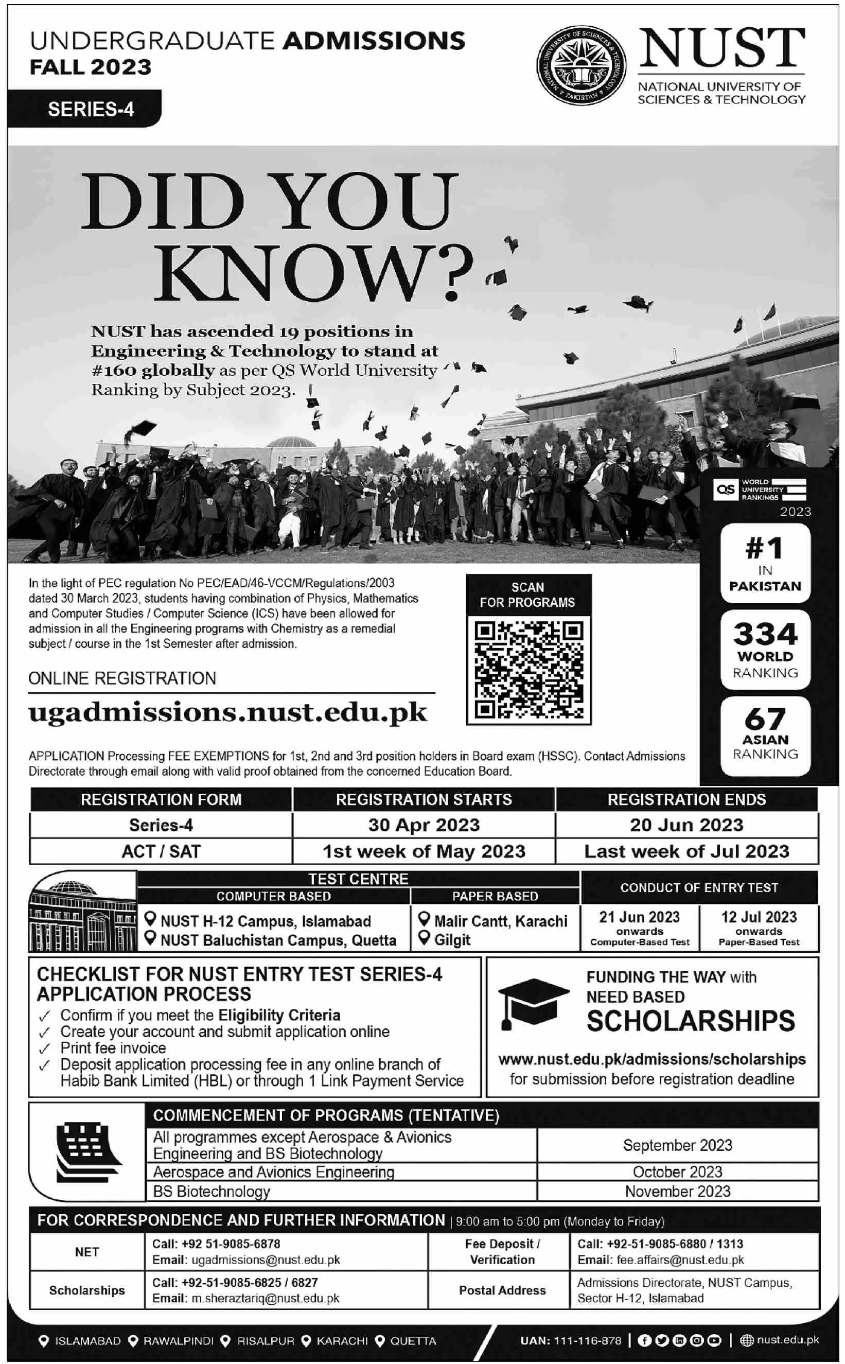 National University of science & Technology Admissions 2023 – National University of Science & Technology Islamabad Admissions 2023 — original advertisement
