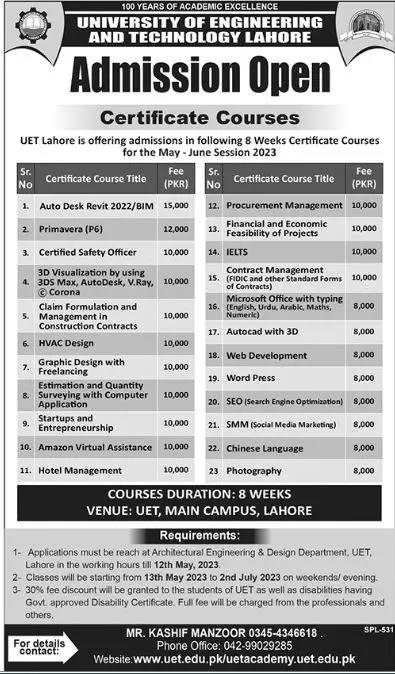 University of Engineering & Technology Lahore Admission 2023 – University of Engineering  & Technology Lahore Admissions 2023 — original advertisement