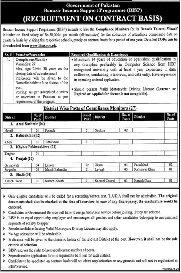 Benazir Income Support Program BISP Jobs 2023 – Benazir Income Support Programme Jobs 2023 — original advertisement