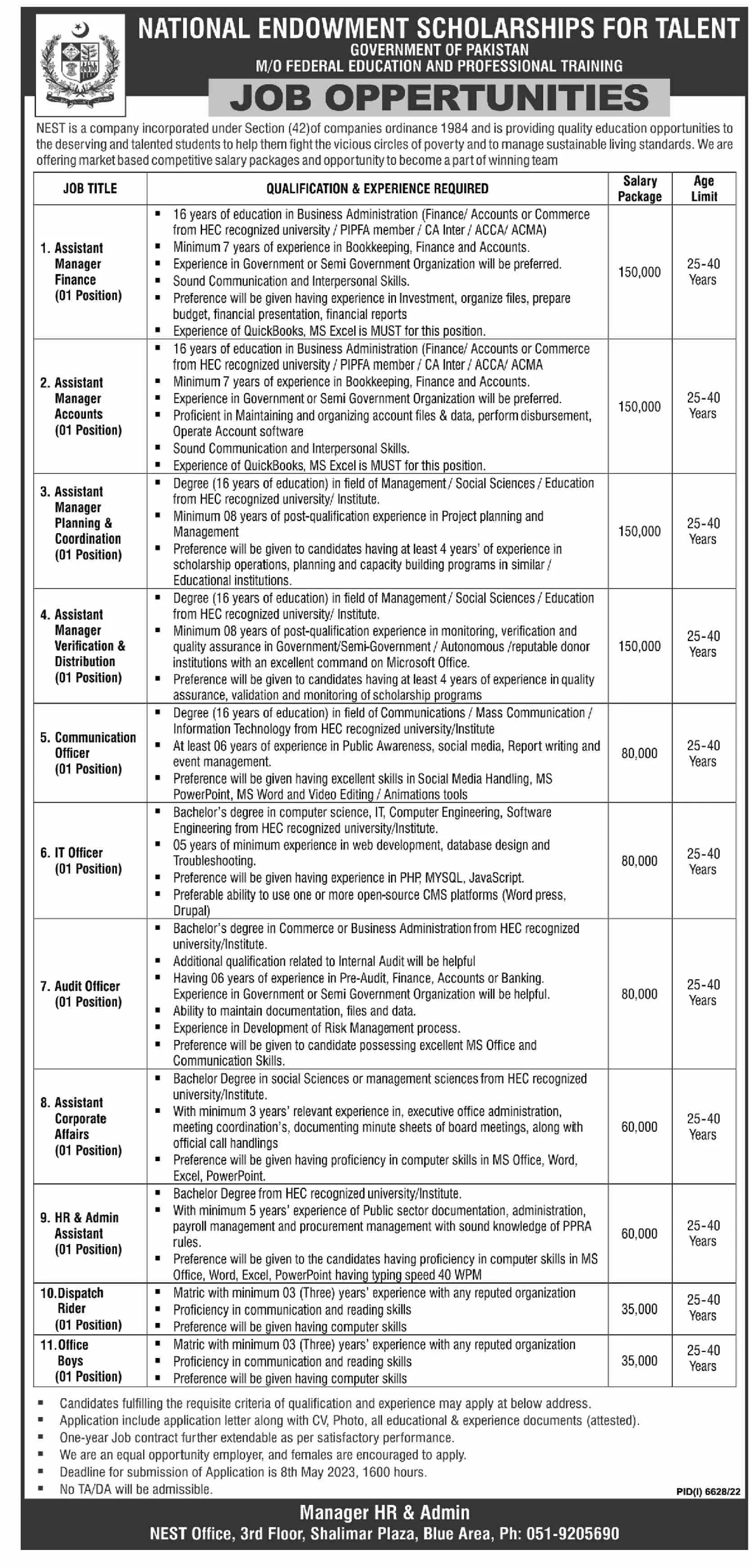 National Endowment Scholarship For Talent Islamabad Jobs – Ministry of Federal Education and Professional Training Scholarships 2023 — original advertisement