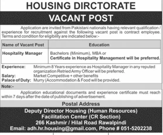 Housing Directorate Rawalpindi Jobs 2023 – Housing Directorate PDH Jobs 2023 — original advertisement
