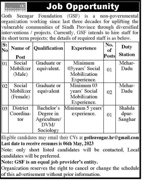 Goth Seengar Foundation GSF Jobs 2023 Jobs 2023 — original advertisement