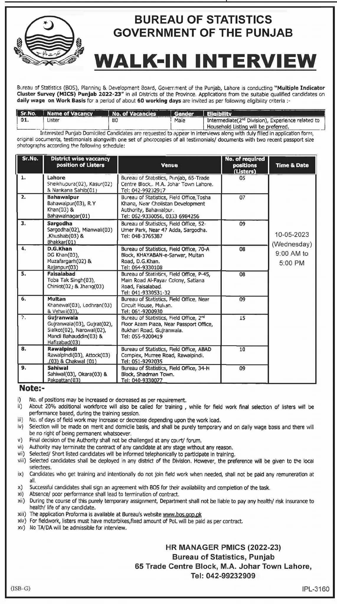 Bureau of Statistics Punjab Jobs Interview 2023 – Bureau of Statistics (BOS), Punjab Jobs 2023 — original advertisement