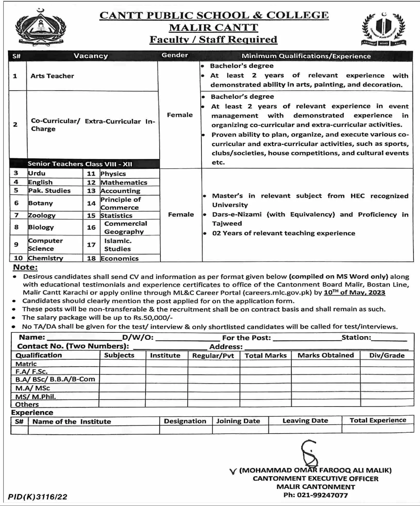 Cantt Public School & College Malir Cantt Jobs 2023 – Pakistan Army Jobs 2023 — original advertisement