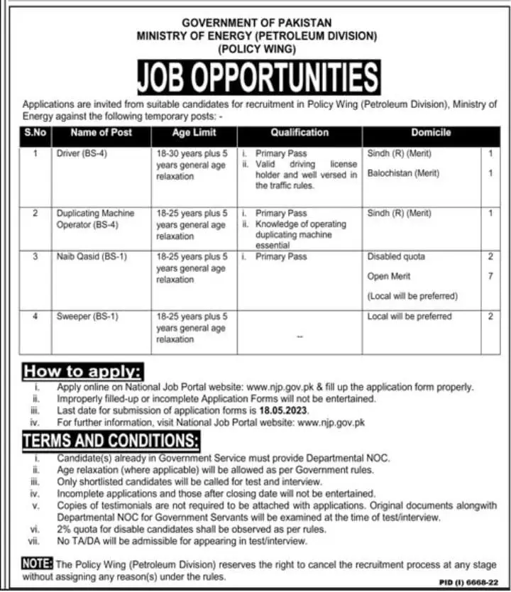Ministry of Energy Petroleum Division Islamabad Jobs 2023 – Ministry of Energy Power division Islamabad Jobs 2023 — original advertisement