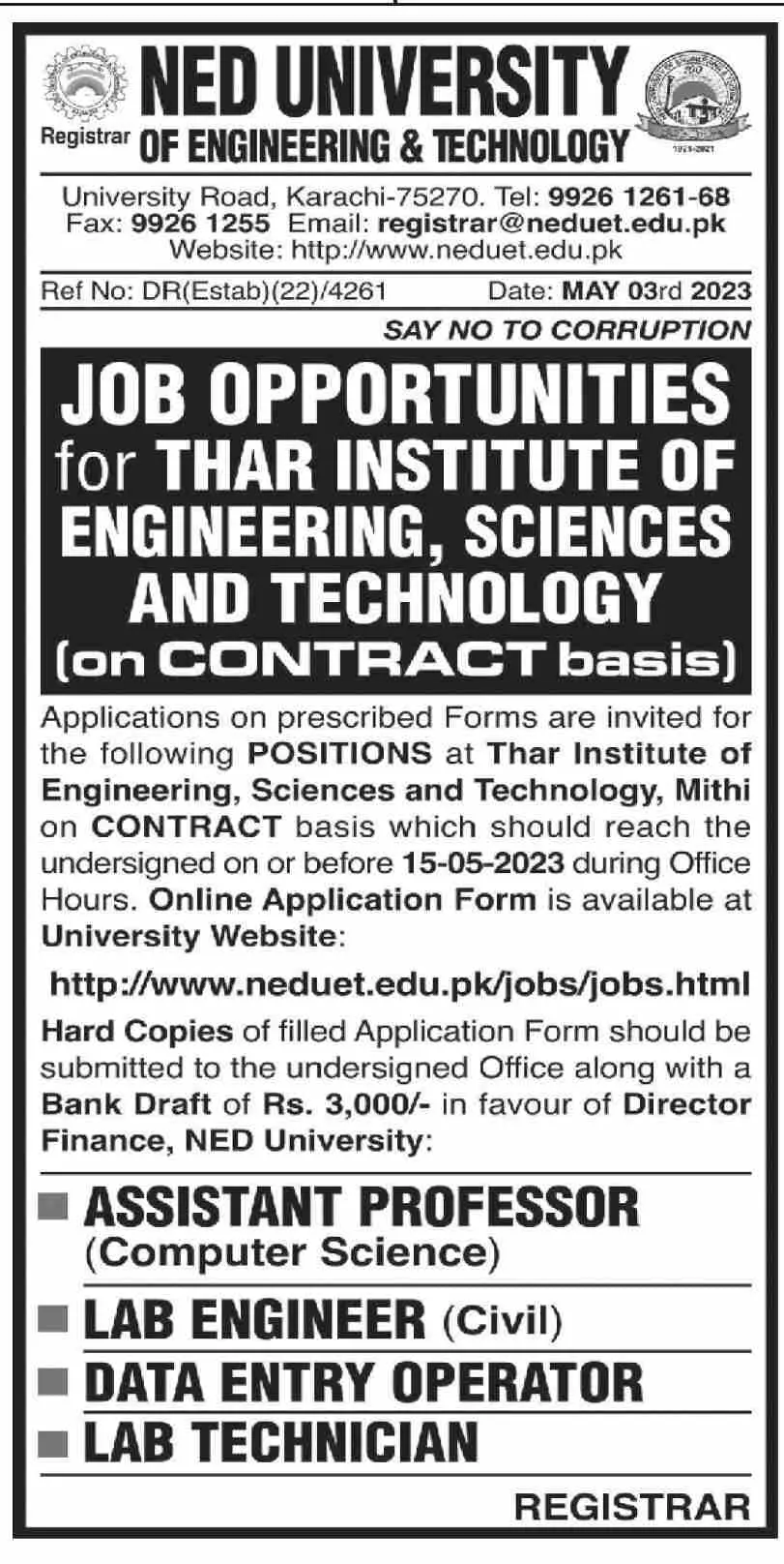 Ned University of engineering and technology Jobs 2023 Jobs 2023 — original advertisement