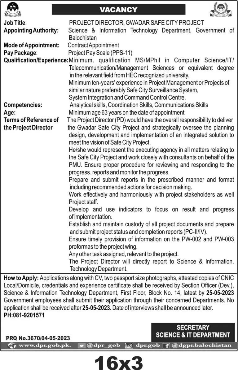 Gwadar Safe City Project Jobs 2023 – Science and Information Technology Department Balochistan Jobs 2023 — original advertisement