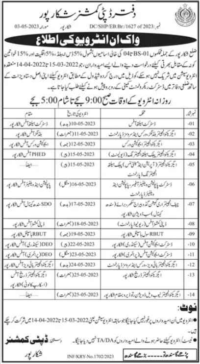 Deputy Commissioner Office Shikarpur Interview 2023 – Govt of Sindh Jobs 2023 — original advertisement