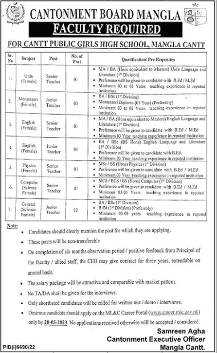 Cantt Public Girls High School Mangla Jobs 2023 – Cantonment Board Jobs 2023 — original advertisement
