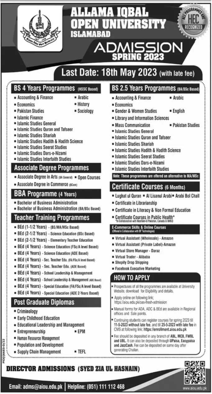 Allama Iqbal Open University AIOU Admissions 2023 – Allama Iqbal Open University Islamabad Admissions 2023 — original advertisement