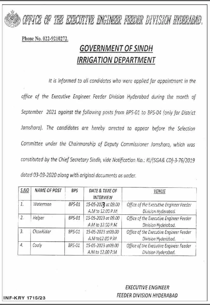 Irrigation Department Hyderabad Jobs Interview 2023 – Irrigation Department Sindh Jobs 2023 — original advertisement