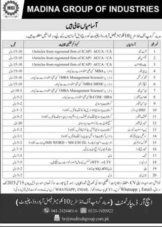 Madina Group Of Industries Faisalabad Jobs 2023 Jobs 2023 — original advertisement