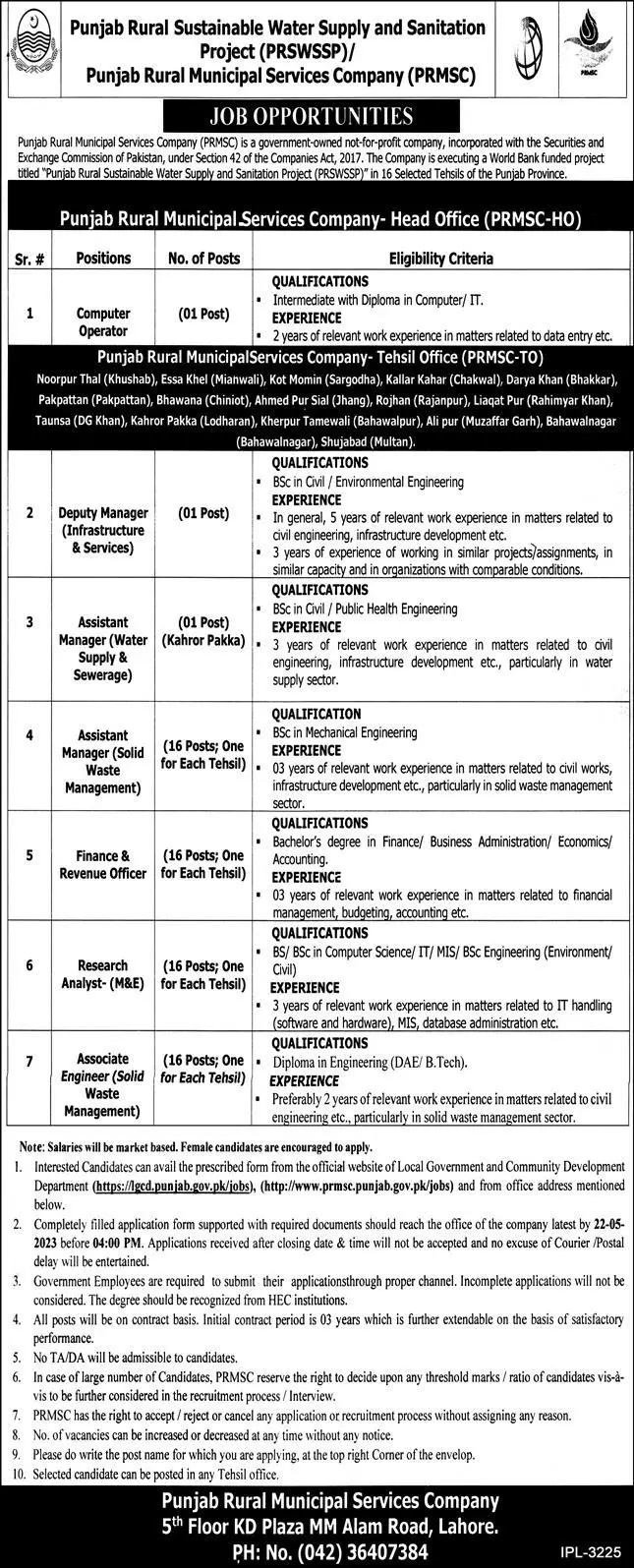 Punjab Rural Municipal Services Company Lahore Jobs 2023 – Punjab Rural Municipal Services Company PRMSC Jobs 2023 — original advertisement