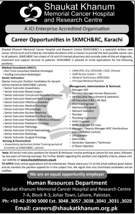 Shaukat Khanum Hospital Lahore Jobs 2023 – Shaukat Khanum Memorial Cancer Hospital and Research Centre Jobs 2023 — original advertisement