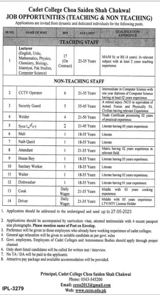 Cadet College Choa Saiden Shah Cccss Jobs 2023 – Cadet College Choa Saiden Shah Chakwal Jobs 2023 — original advertisement