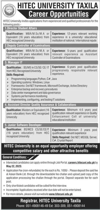 Hitec University Taxila Punjab Jobs 2023 Jobs 2023 — original advertisement