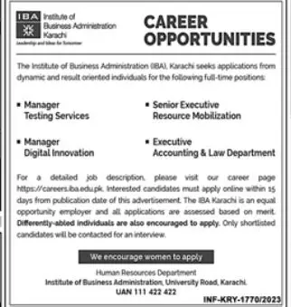 Institute of Business Adminstaration Karachi Jobs 2023 – IBA Karachi Jobs 2023 — original advertisement