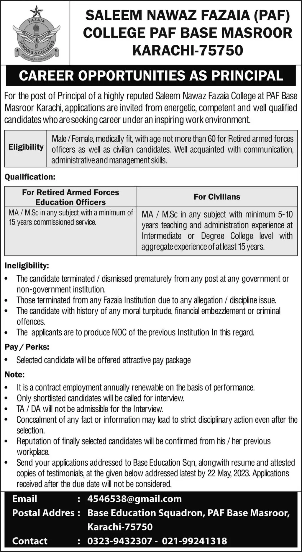 Saleem Nawaz Fazaia Paf College PAF bASE Mansroor Jobs 2023 – Pakistan Air Force Jobs 2023 — original advertisement