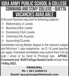 Iqra Army Public School and College Quetta Jobs 2023 Jobs 2023 — original advertisement