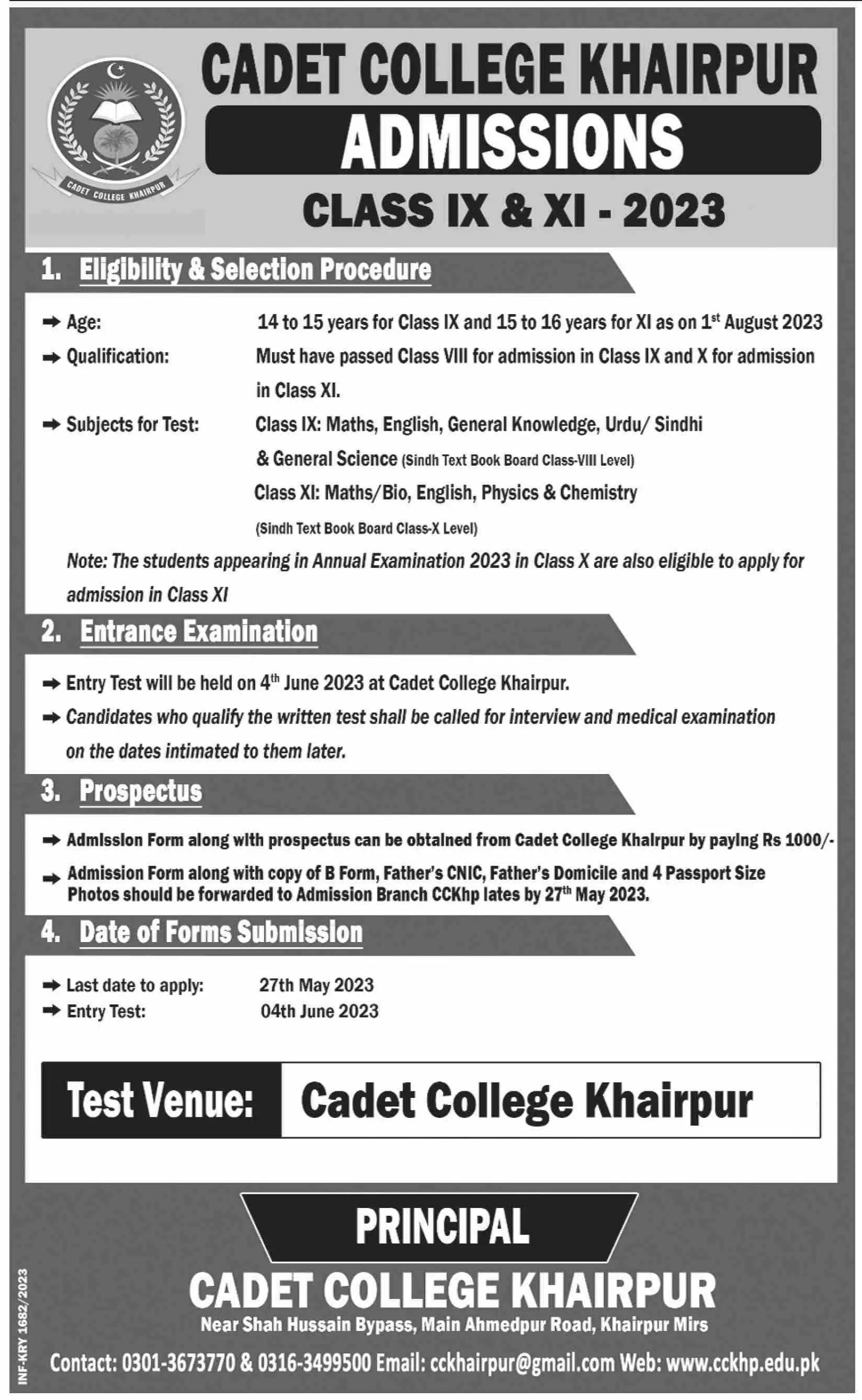 Cadet College Khairpur Sindh Admissions 2023 Admissions 2023 — original advertisement