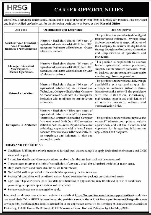 HRSG People & Business Partnering Karachi Jobs 2023 – HRSG People and Business karachi Jobs 2023 — original advertisement