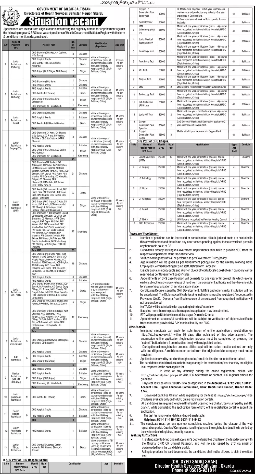Health Department Baltistan Jobs 2022 – Health Department Gilgitbaltistan Jobs 2023 — original advertisement