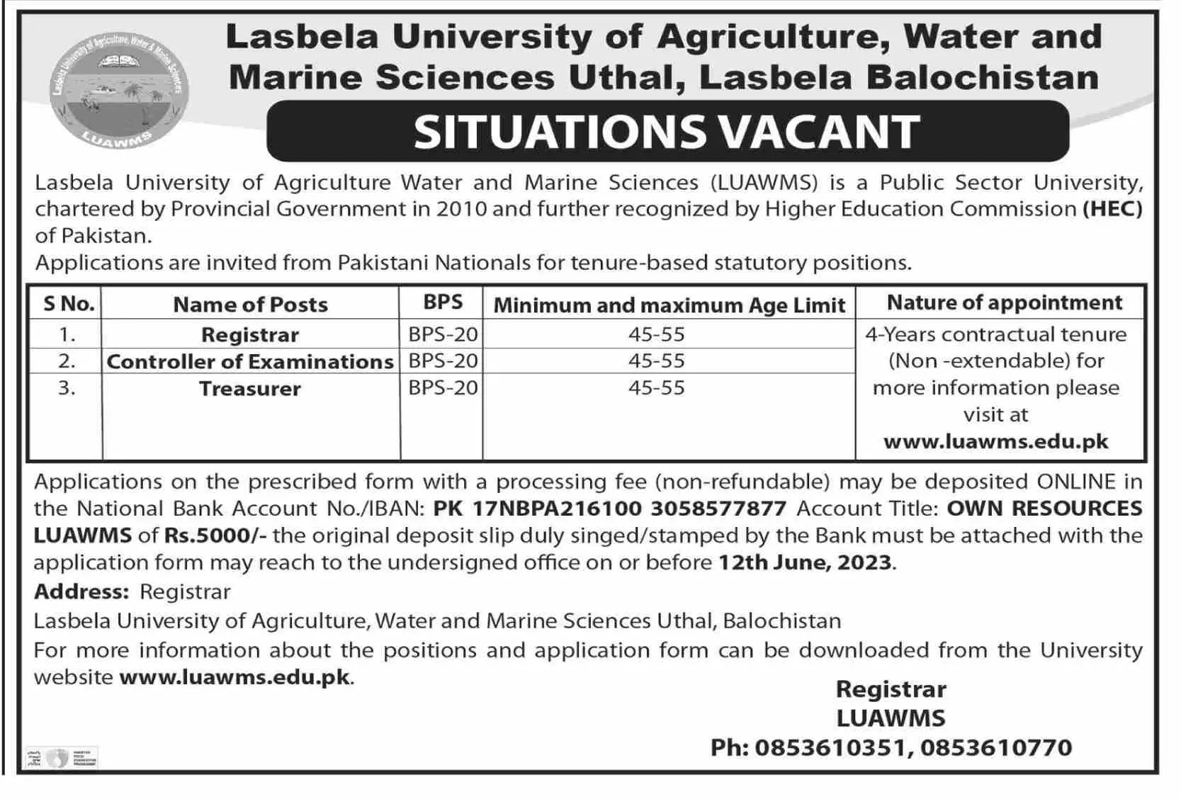 Lasbela University of Agriculture Water & Marine Science Job – Lasbela University of Agriculture, Water & Marine Sciences (LUAWMS) Uthal Jobs 2023 — original advertisement