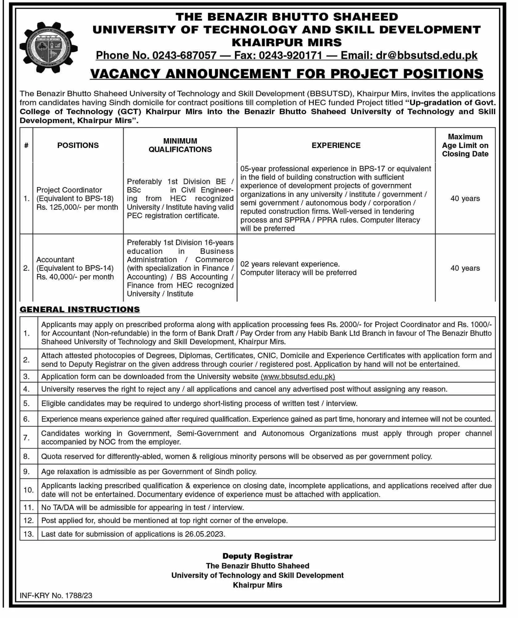 Benazir Bhutto Shaheed University of Technology & Skill Jobs – Benazir Bhutto Shaheed University of Technology and Skill Development Khairpur Mirs Jobs 2023 — original advertisement