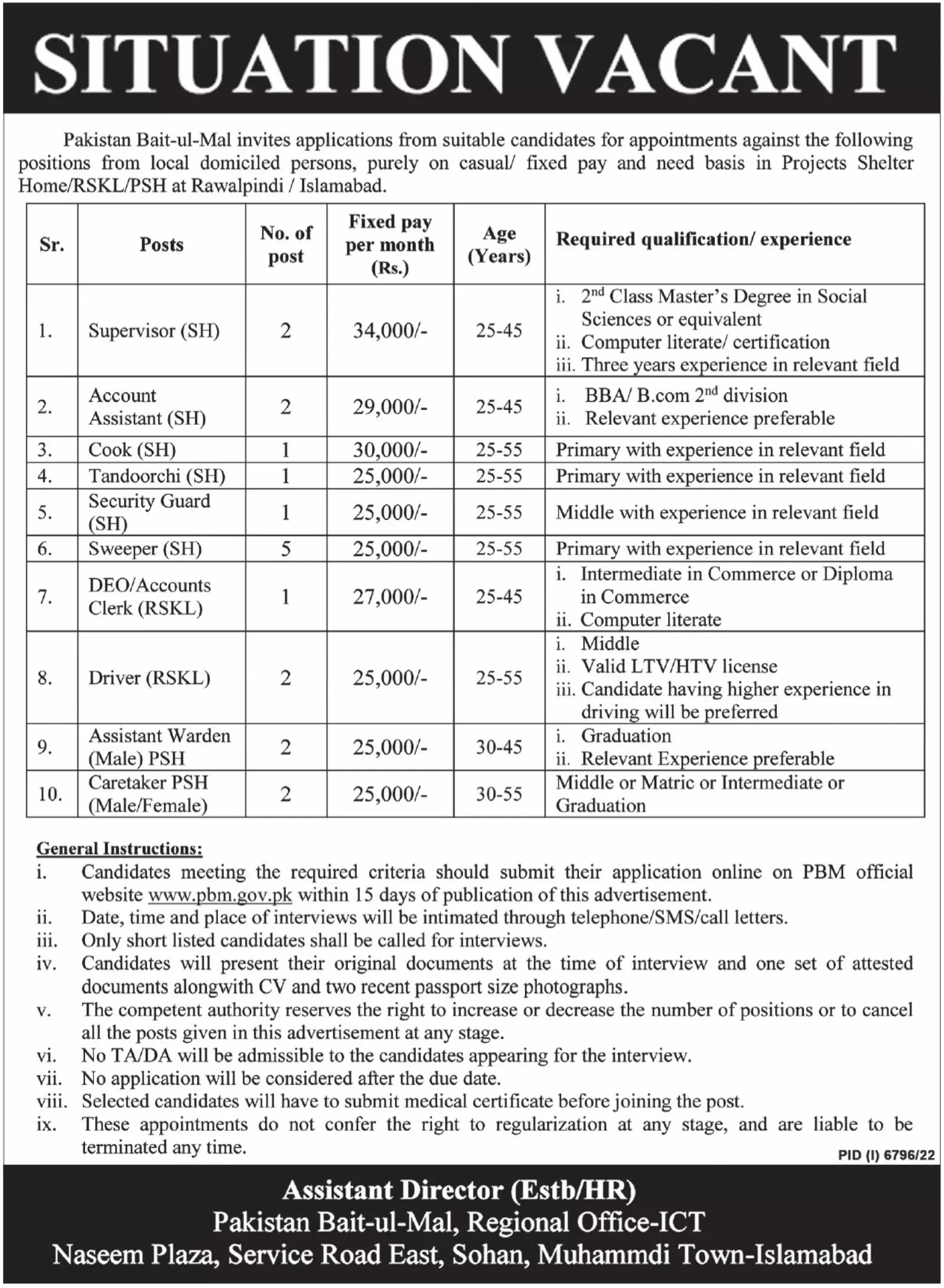 Pakistan Bait ul Mal Islamabad Jobs 2023 – Pakistan Bait-ul-Mal Jobs 2023 — original advertisement