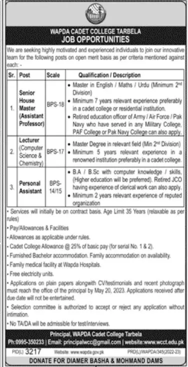 Wapda Cadet College Tarbela Khyber Pakhtunkhwa Jobs 2023 Jobs 2023 — original advertisement