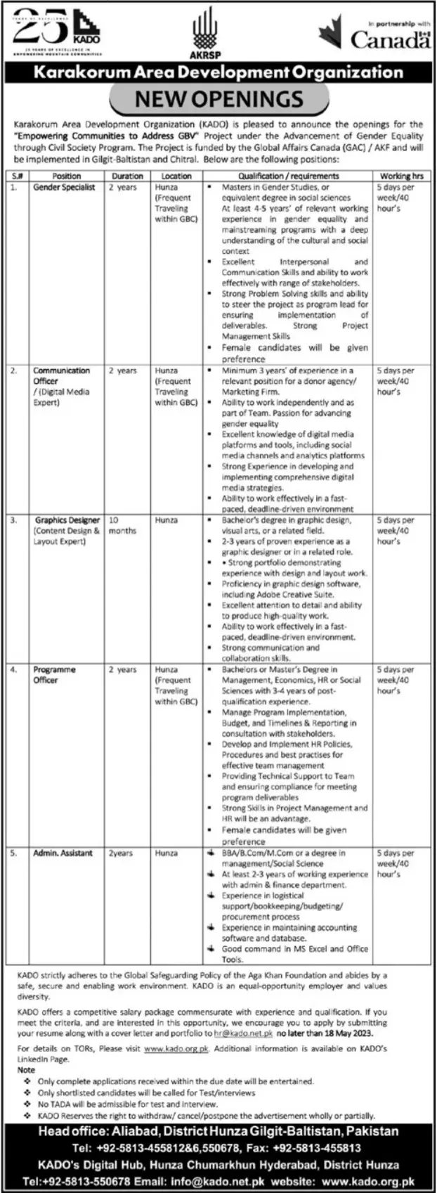 Karakorum Area Development Organization KADO Jobs 2023 – Public Sector Organization Jobs 2023 — original advertisement