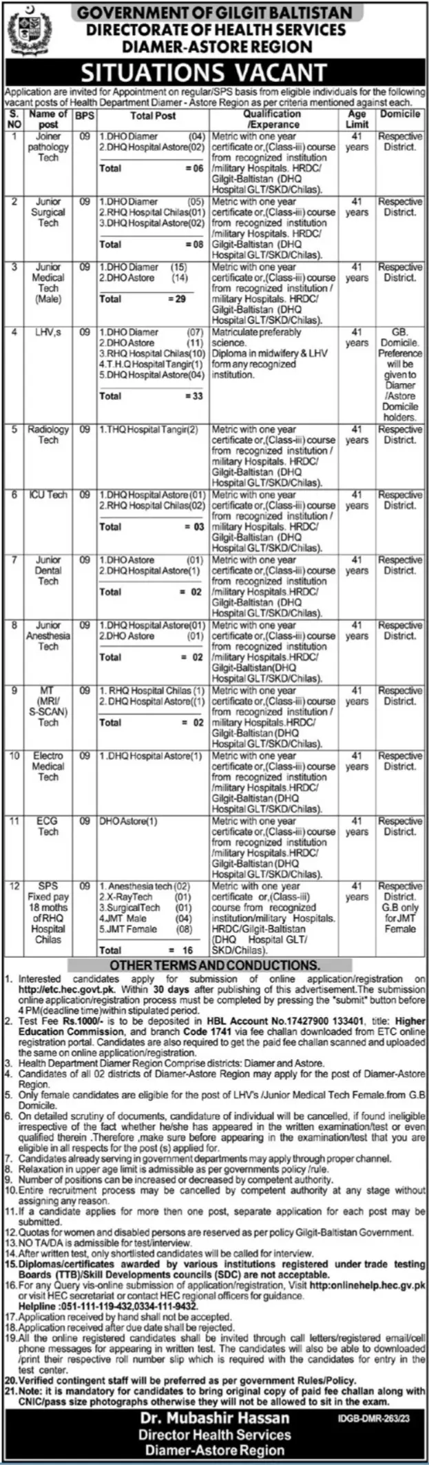 Health Department Diamer Astore Region Jobs 2023 – Health Department Gilgitbaltistan Jobs 2023 — original advertisement