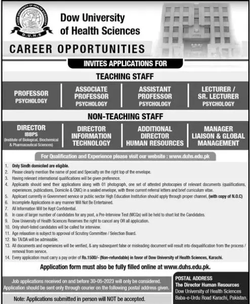 Dow university of Health Sciences Karachi Jobs 2023 Jobs 2023 — original advertisement