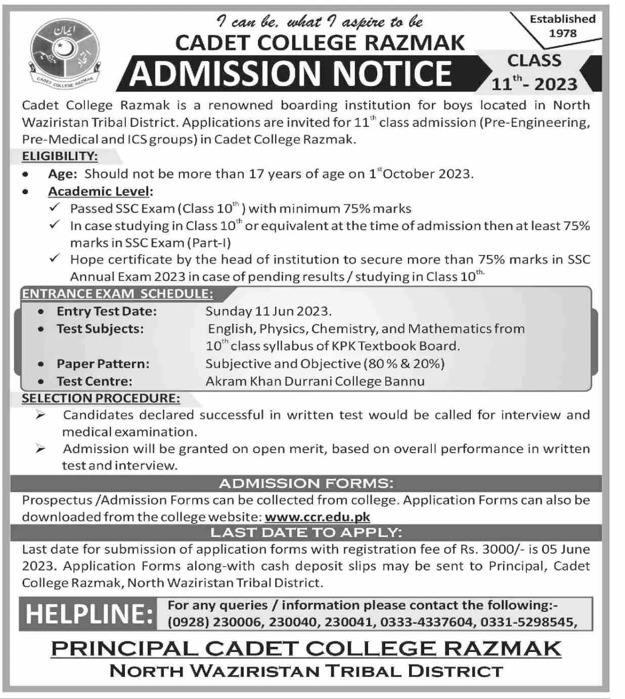 Cadet College Razmak Admisisons 2023 Jobs 2023 — original advertisement