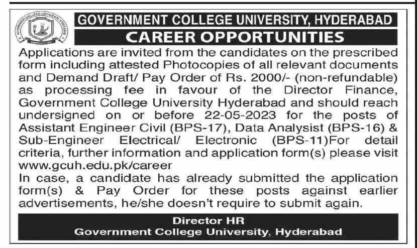 Government College University Hyderabad Jobs 2023 Jobs 2023 — original advertisement
