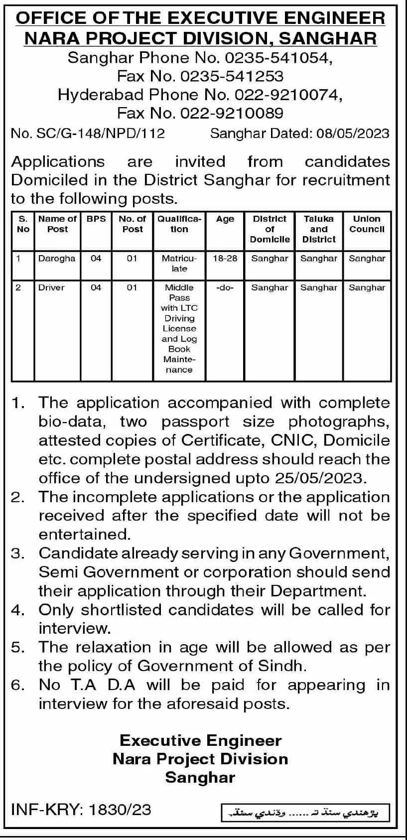 Nara Project Division Sanghar Sindh Jobs 2023 – Public Sector Organization Jobs 2023 — original advertisement