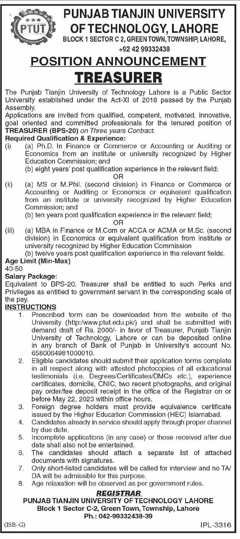 Punjab Tianjin University of Technology PTUT Lahore Job 2023 – Punjab Tianjin University of Technology Lahore Jobs 2023 — original advertisement