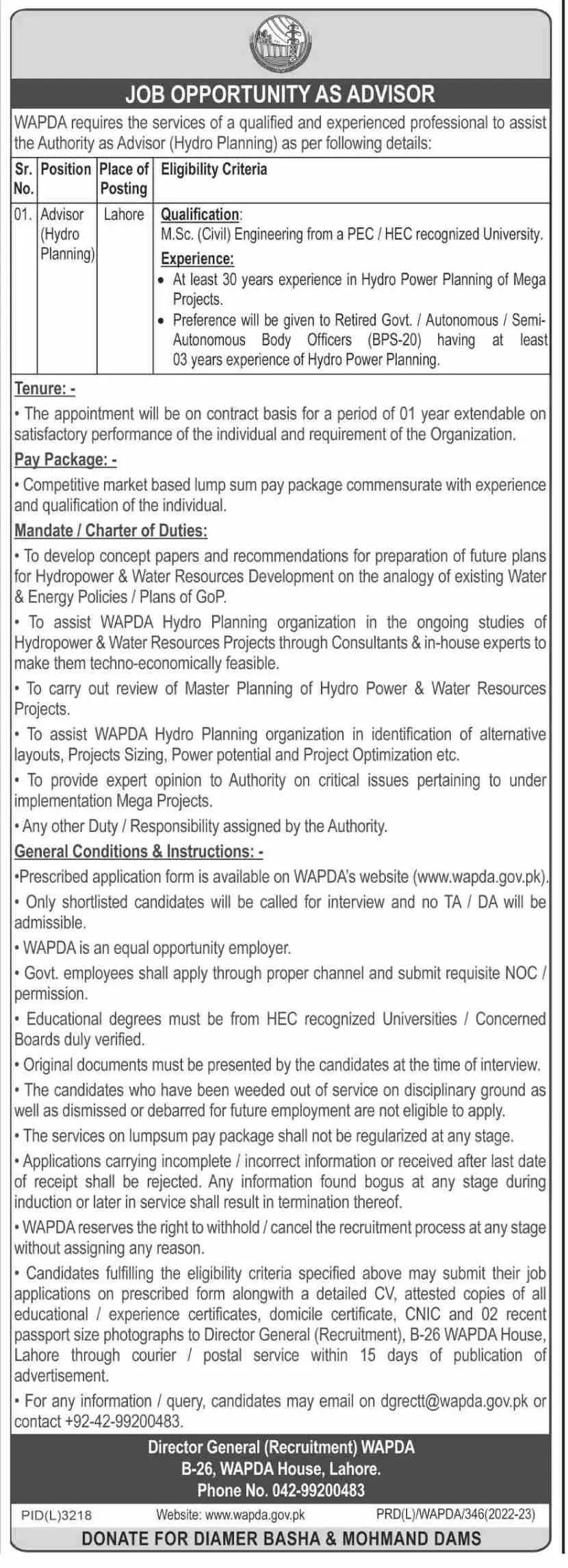 Water and Power Development Authority WAPDA Jobs 2023 Jobs 2023 — original advertisement