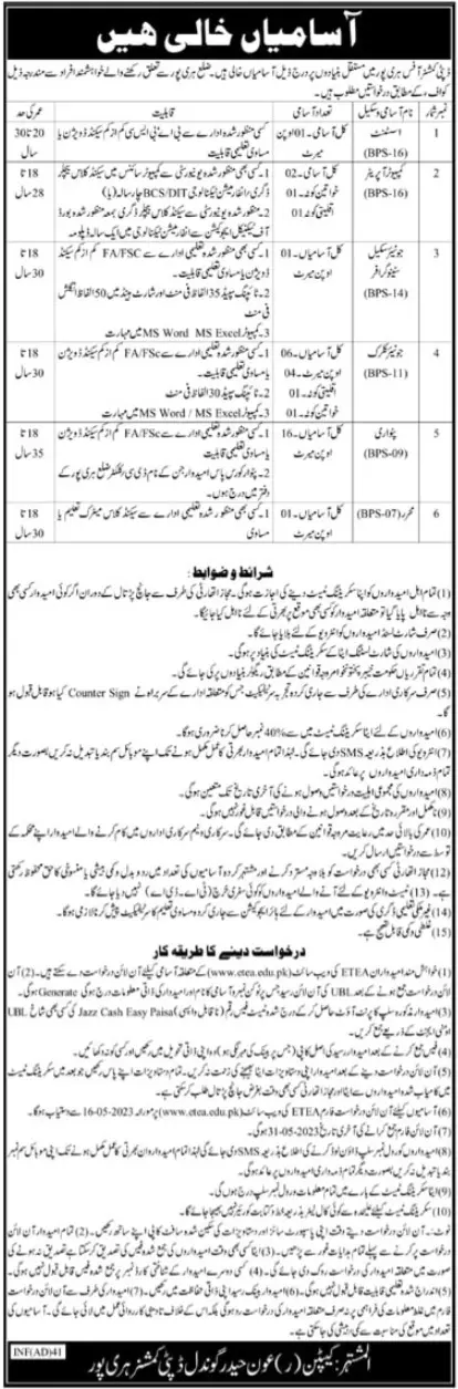 Deputy Commissioner Haripur Khyber Pakhtunkhwa Jobs 2023 – Revenue Department KPK Jobs 2023 — original advertisement
